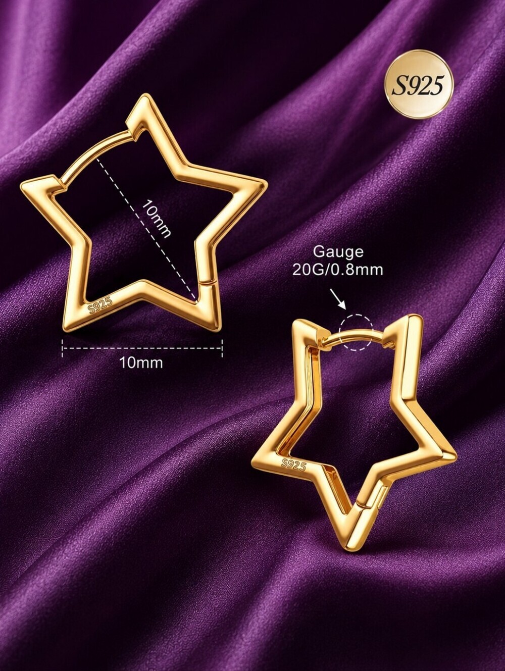 925 Sterling Silver Gold Star Hoop Earrings | Minimalist Geometric Huggie Hoops